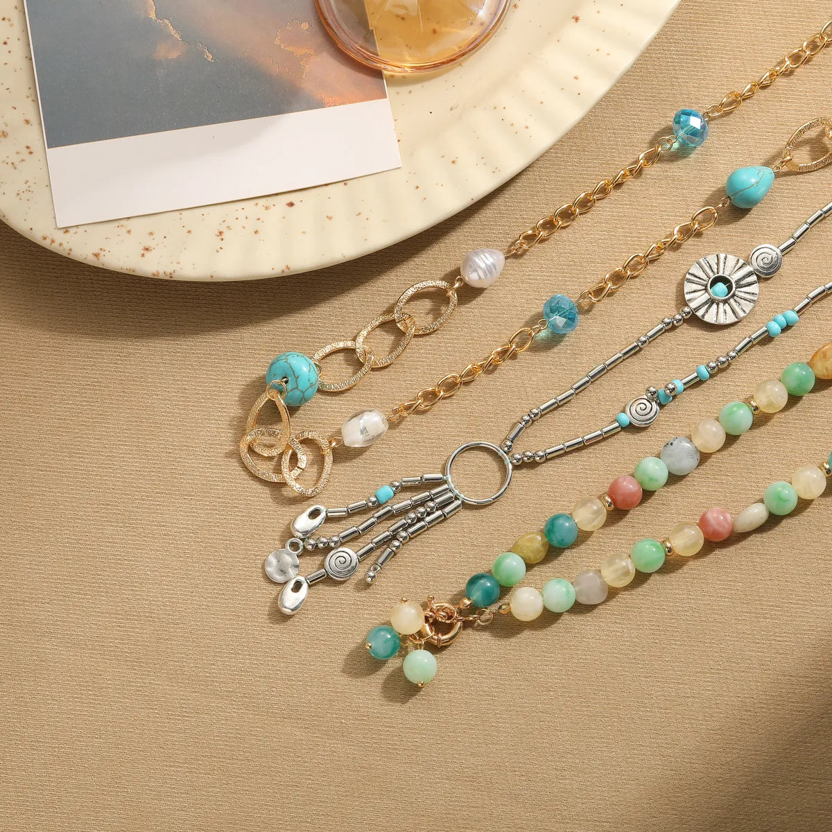 Retro Commute Round Arylic Natural Stone Freshwater Pearl Beaded Women's Sweater Chain Long Necklace