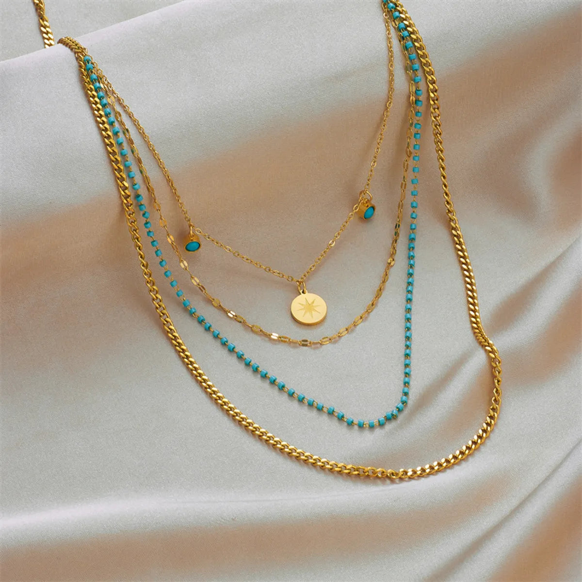 Retro Commute Round Eight-pointed Stars Titanium Steel Plating Inlay Turquoise 18k Gold Plated Layered Necklaces