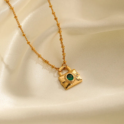 Retro Commute Square Lock Copper Plating Inlay Shell Zircon 18k Gold Plated Pendant Necklace