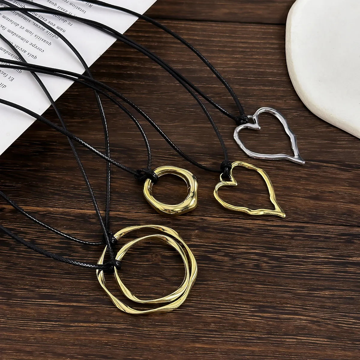 Retro Cool Style Round Square Heart Shape Alloy Leather Rope Metal Hollow Out Women's Pendant Necklace