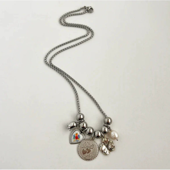 Retro Copper Bead Pendant Pearl Love Flower Necklace Electroplated