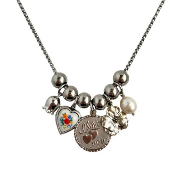 Retro Copper Bead Pendant Pearl Love Flower Necklace Electroplated