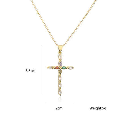 Retro Copper Plated Real Gold Color Zirconium Cross Pendant Necklace Female Religious Jewelry