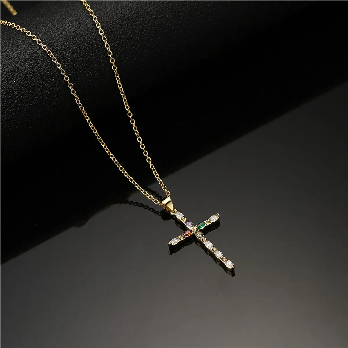 Retro Copper Plated Real Gold Color Zirconium Cross Pendant Necklace Female Religious Jewelry