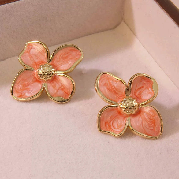 Retro Court Flower Drop Glaze Four Petal Flower Titanium Steel Earrings For Women With Leaf Pattern And Electroplating