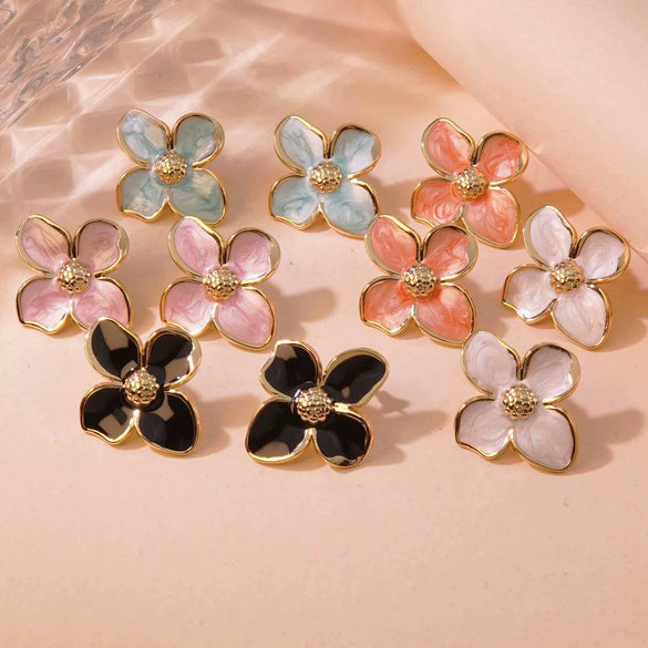 Retro Court Flower Drop Glaze Four Petal Flower Titanium Steel Earrings For Women With Leaf Pattern And Electroplating