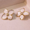 Retro Court Flower Drop Glaze Four Petal Flower Titanium Steel Earrings For Women With Leaf Pattern And Electroplating