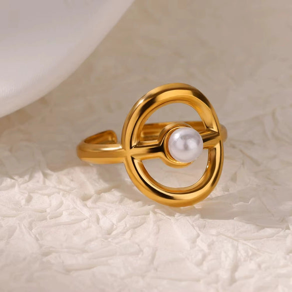 Retro Court Style Imitation Pearl Stainless Steel Love Ring Jewelry With Electroplating