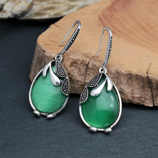 Retro Creative Emerald Green Cat Eye Natural Stone Earring Ear Hook Female