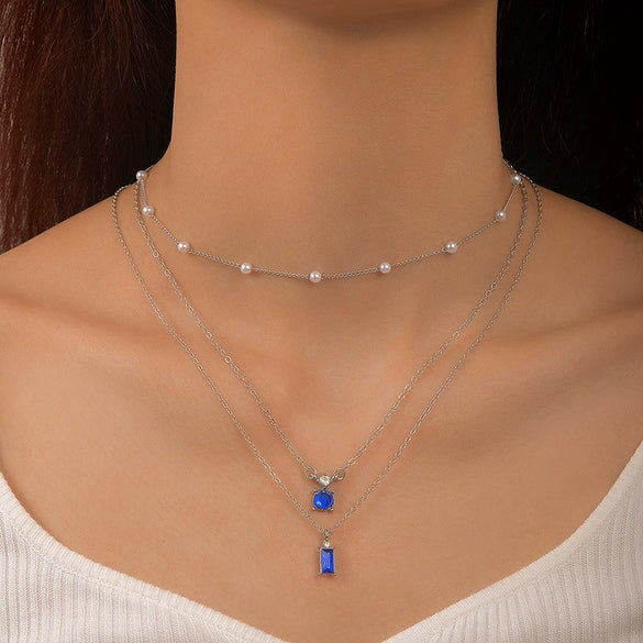 Retro Creative Multi Layer O Chain Necklace With Imitation Grandmother Blue And Green Pearls Micropaved For Women Made Of Alloy