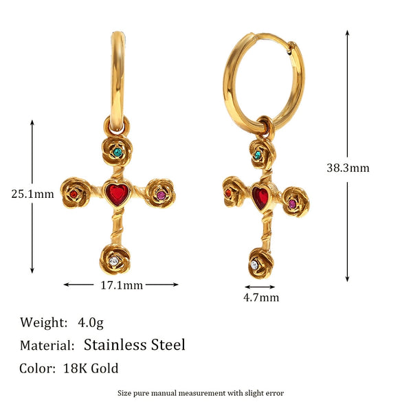 Retro Creative Stainless Steel 18K Gold Plated Geometric Cross Pendant Necklace And Earrings With Electroplating For Women