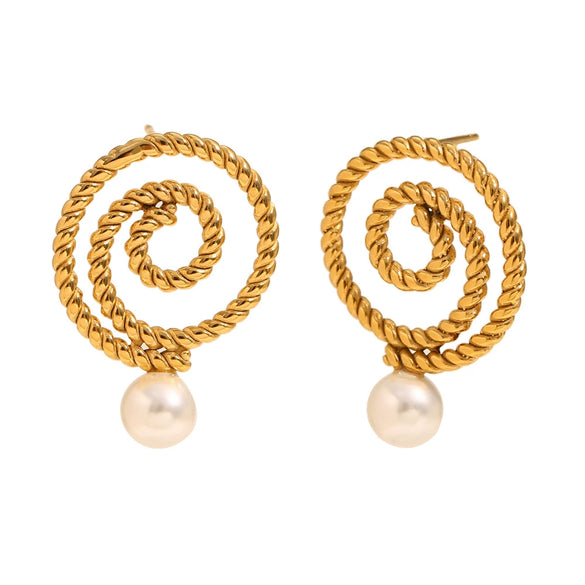 Retro Creative Women's Stainless Steel 18K Gold Plated Twist Circle Pearl Geometric Earrings With Electroplating