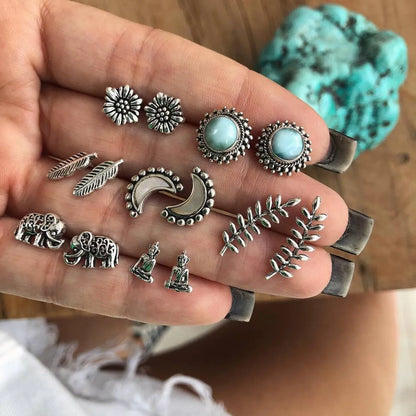 Retro Crescent Turquoise Bohemian 7 Pairs Of Earrings Set