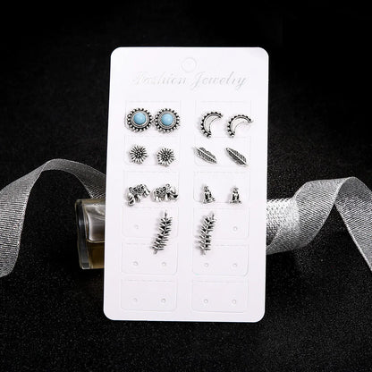 Retro Crescent Turquoise Bohemian 7 Pairs Of Earrings Set