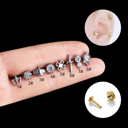 Retro Cross Crown Flower G23 Titanium Inlay Zircon Ear Studs