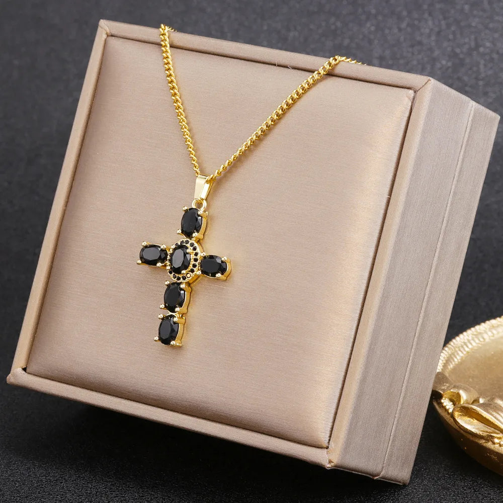 Retro Cross Eye Bow Knot Titanium Steel Plating Zircon Pendant Necklace 1 Piece