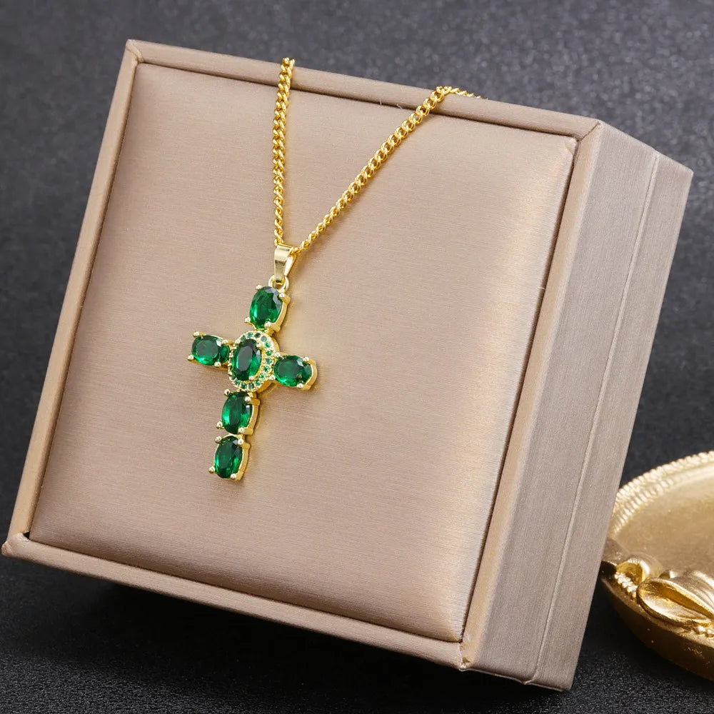 Retro Cross Eye Bow Knot Titanium Steel Plating Zircon Pendant Necklace 1 Piece