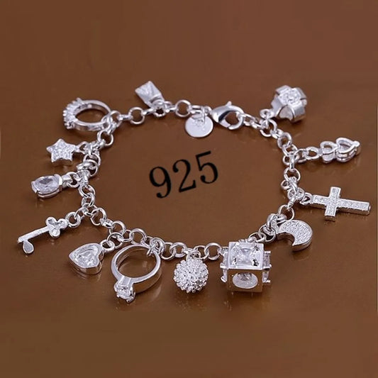 Retro Cross Heart Shape Rhombus Alloy Silver Plated Inlay Rhinestones Unisex Bracelets