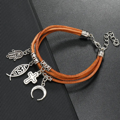 Retro Cross Leaf Notes Pu Leather Alloy Plating Unisex Bracelets