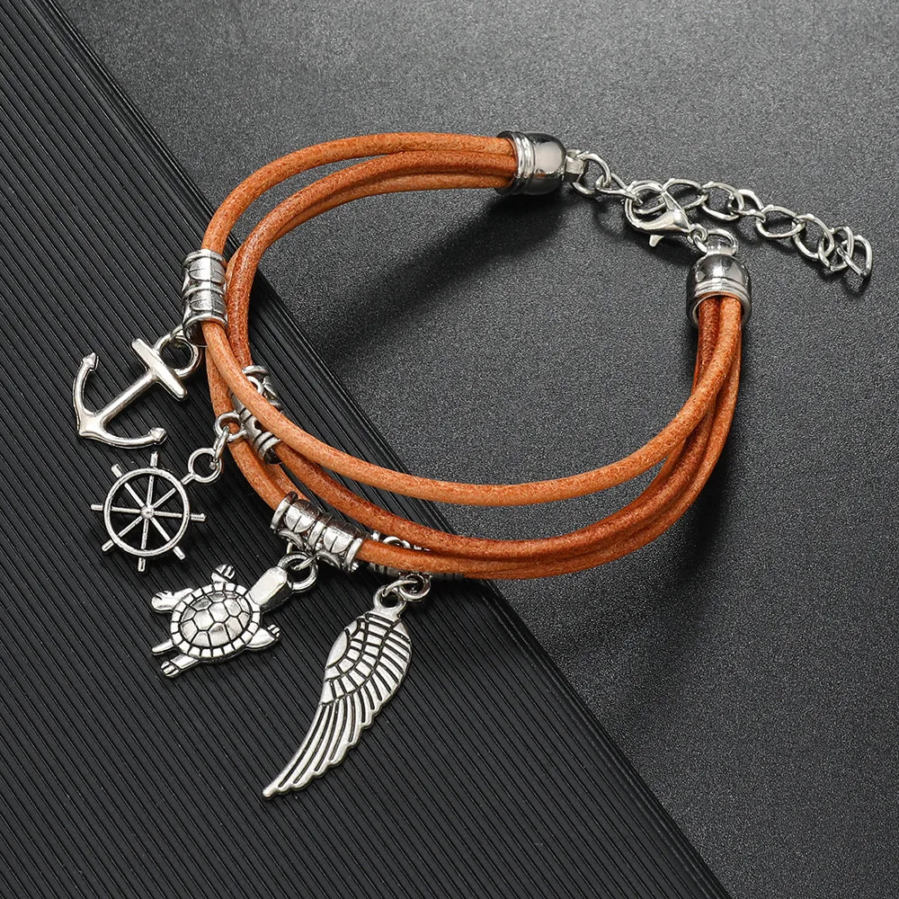 Retro Cross Leaf Notes Pu Leather Alloy Plating Unisex Bracelets