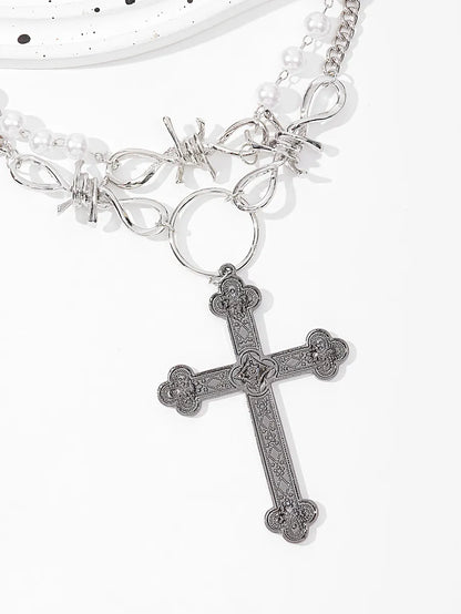 Retro Cross Metal Inlay Artificial Pearls Women'S Double Layer Necklaces