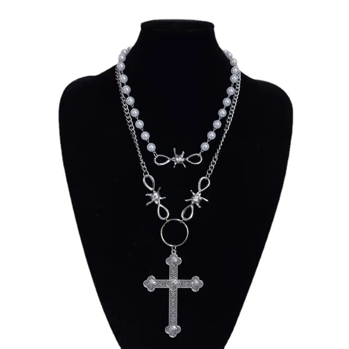 Retro Cross Metal Inlay Artificial Pearls Women'S Double Layer Necklaces