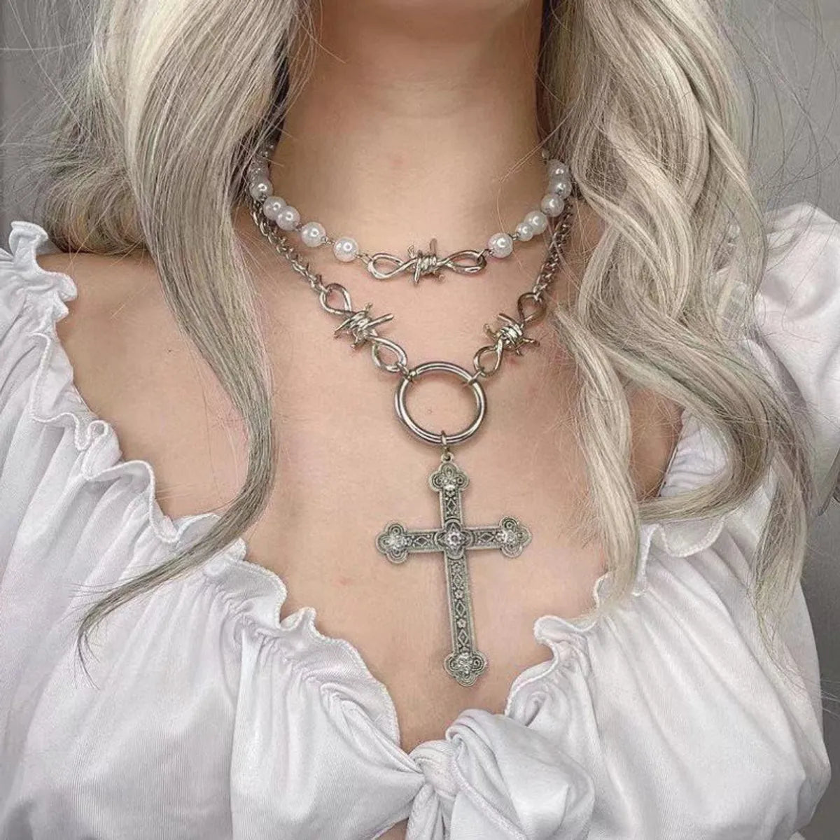 Retro Cross Metal Inlay Artificial Pearls Women'S Double Layer Necklaces