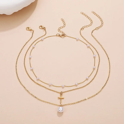 Retro Cross Palm Butterfly Alloy Inlay Artificial Pearls Rhinestones 14k Gold Plated Women's Layered Necklaces