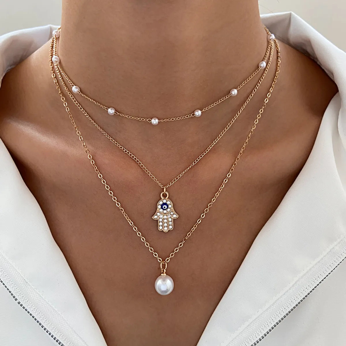 Retro Cross Palm Butterfly Alloy Inlay Artificial Pearls Rhinestones 14k Gold Plated Women's Layered Necklaces