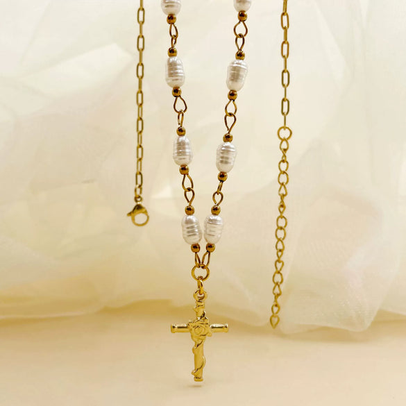 Retro Cross Pendant Pearl Necklace Stainless Steel 14K Gold Plated Jewelry
