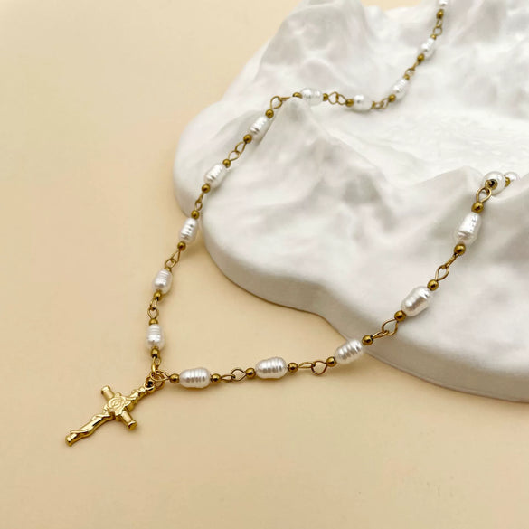 Retro Cross Pendant Pearl Necklace Stainless Steel 14K Gold Plated Jewelry
