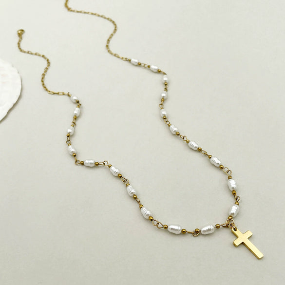 Retro Cross Pendant Pearl Necklace Stainless Steel 14K Gold Plated Jewelry