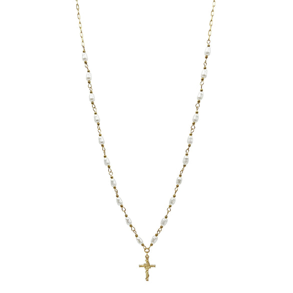 Retro Cross Pendant Pearl Necklace Stainless Steel 14K Gold Plated Jewelry