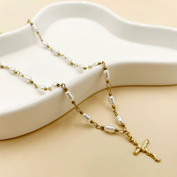 Retro Cross Pendant Pearl Necklace Stainless Steel 14K Gold Plated Jewelry