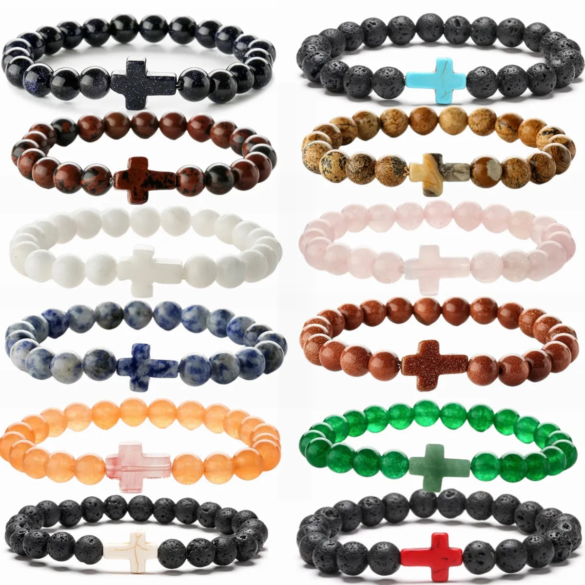 Retro Cross Round Beaded Natural Stone Bracelets