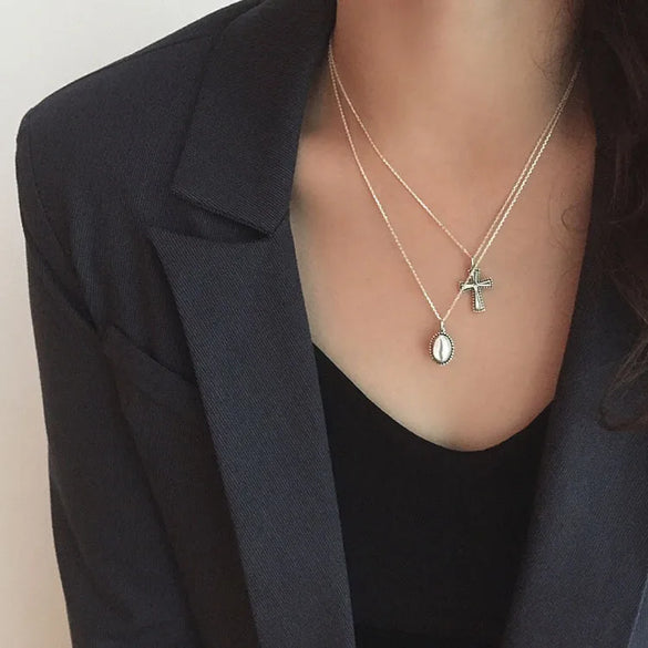 Retro Cross Round Heart Shape Sterling Silver Necklace 1 Piece