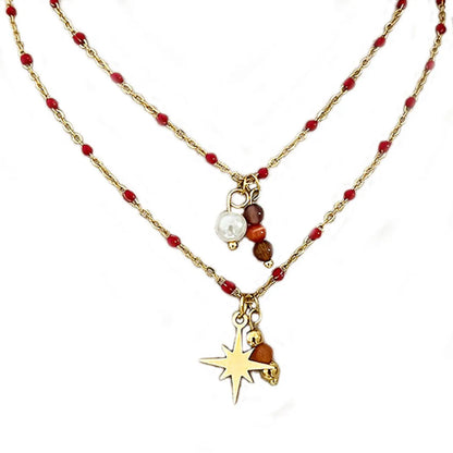 Retro Cross Star 304 Stainless Steel Opal Irregular 18K Gold Plated Unisex Double Layer Necklaces