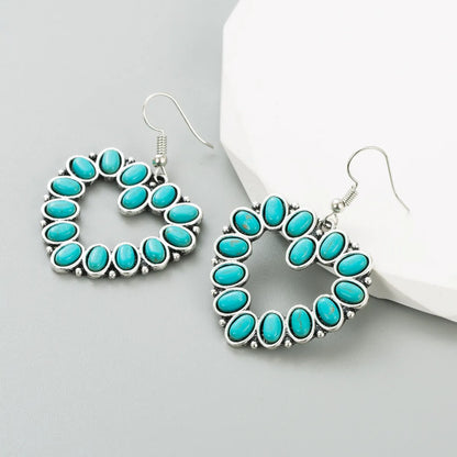 1 Pair Retro Cross Water Droplets Heart Shape Inlay Alloy Turquoise Drop Earrings