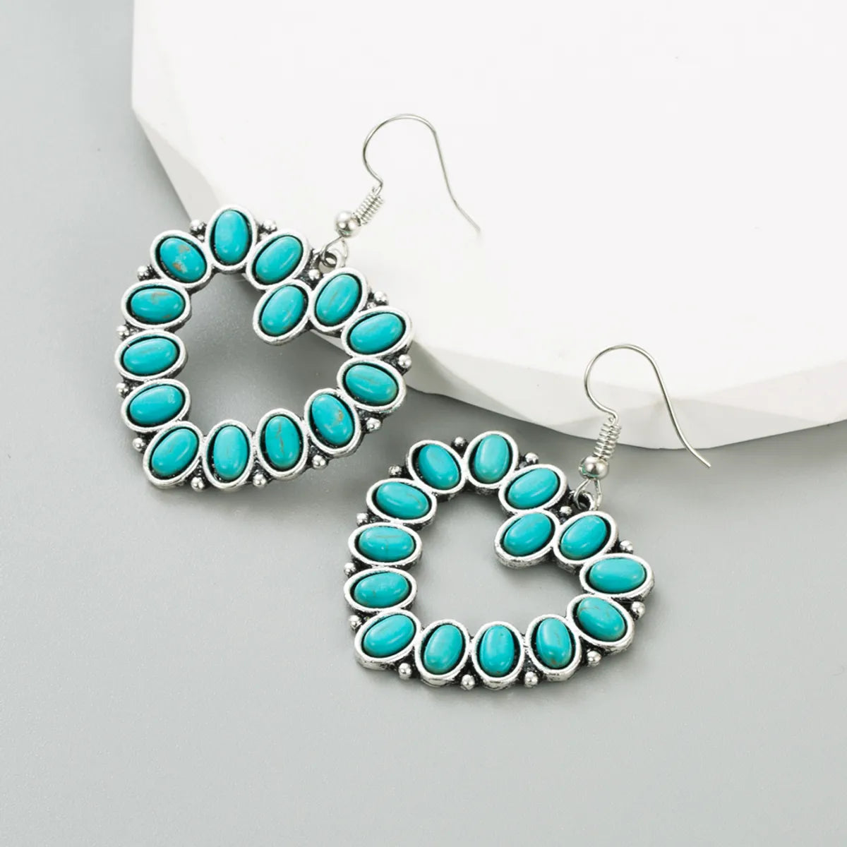 1 Pair Retro Cross Water Droplets Heart Shape Inlay Alloy Turquoise Drop Earrings