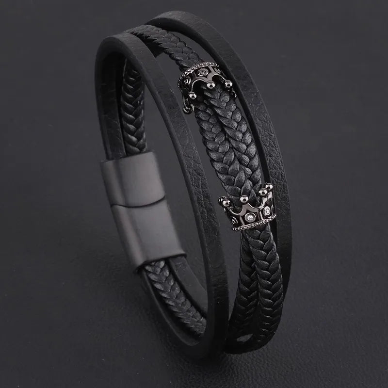 Retro Crown Pu Leather Titanium Steel Copper Inlay Zircon Men'S Wristband