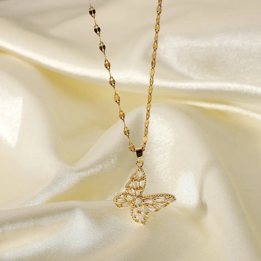 Fancy Crystal Butterfly Necklace 18k Gold Stainless Steel Jewelry Gift Cubic Zircon Butterfly Pendant Necklace For Women