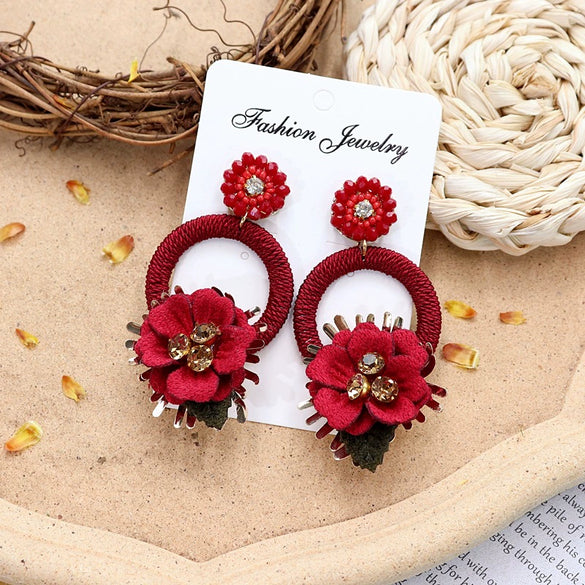 Retro Crystal Flower Big Circle Handmade Earrings For Women With Mixed Material