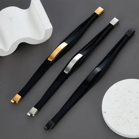 Retro Customization Laser Engraving Solid Color 304 Stainless Steel Pu Leather Men'S Bangle Men Cord & Leather Bracelets