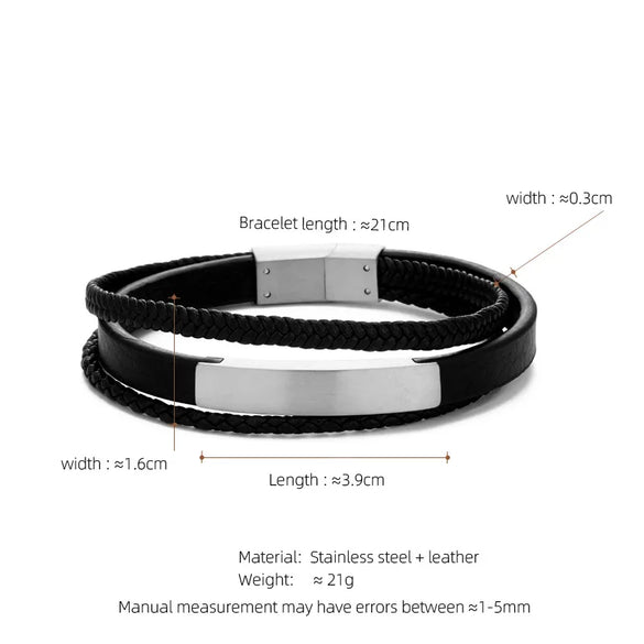 Retro Customization Laser Engraving Solid Color 304 Stainless Steel Pu Leather Men'S Bangle Men Cord & Leather Bracelets