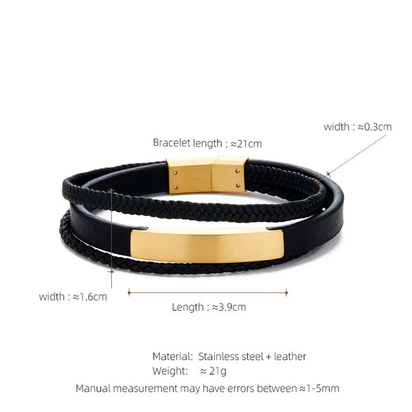 Retro Customization Laser Engraving Solid Color 304 Stainless Steel Pu Leather Men'S Bangle Men Cord & Leather Bracelets