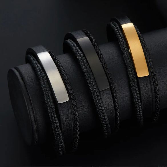 Retro Customization Laser Engraving Solid Color 304 Stainless Steel Pu Leather Men'S Bangle Men Cord & Leather Bracelets