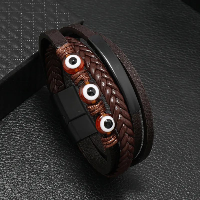 Retro Devil'S Eye Pu Leather Alloy Resin Knitting Men'S Wristband