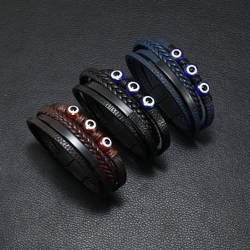 Retro Devil'S Eye Pu Leather Alloy Resin Knitting Men'S Wristband