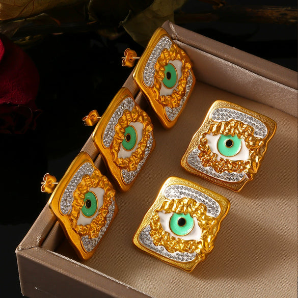 Retro Devil's Eye Diamond Drop Exaggerated Personality Titanium Steel Earrings With 18K Gold Electroplated Geometric Design