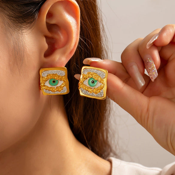 Retro Devil's Eye Diamond Drop Exaggerated Personality Titanium Steel Earrings With 18K Gold Electroplated Geometric Design